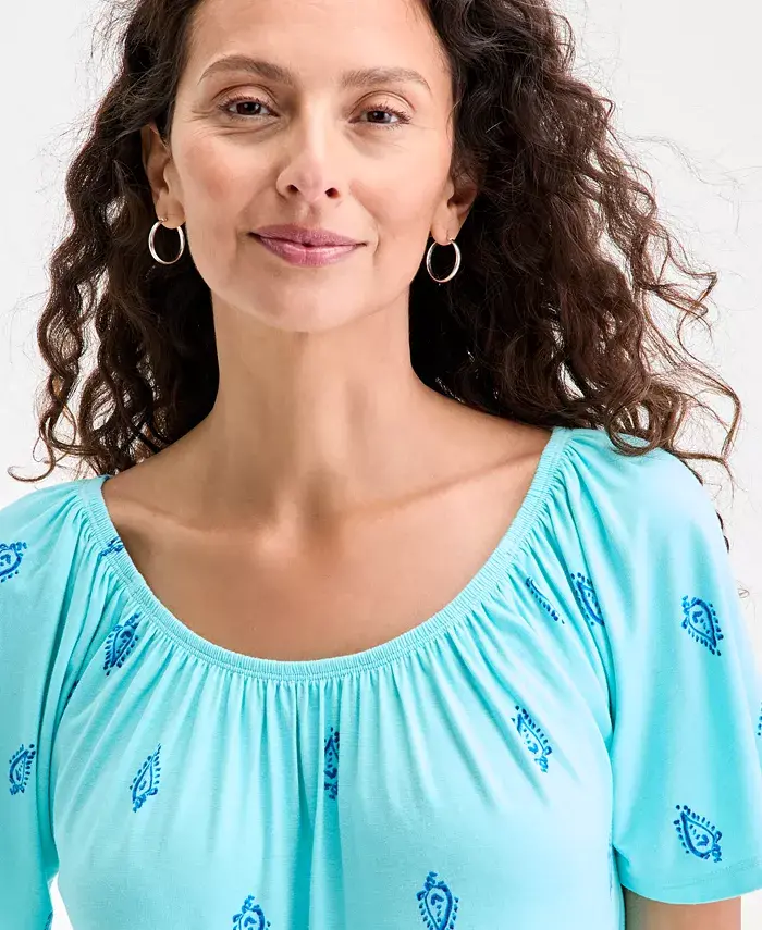 Alfani Style & Co Women's Printed Shirred Scoop-Neck Top Exclusively At Macy's Women's Fashion Shoes & Accessories