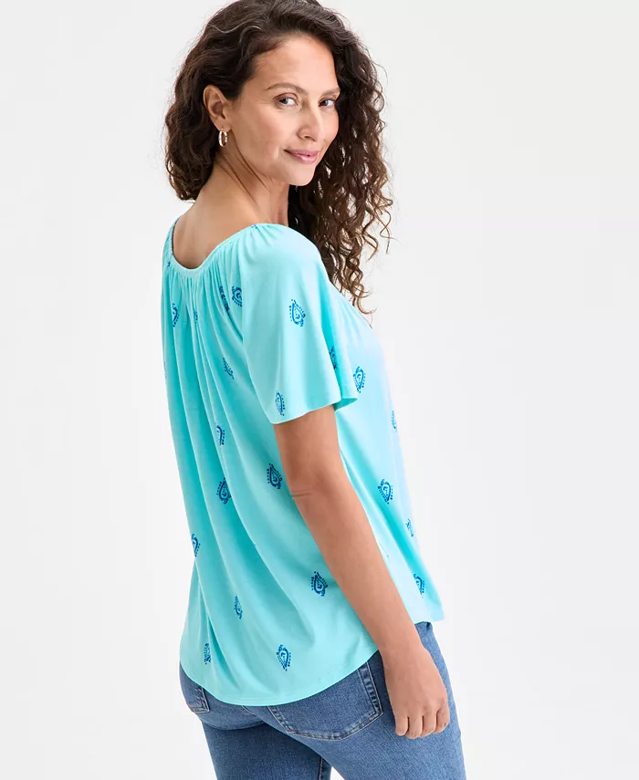 Alfani Style & Co Women's Printed Shirred Scoop-Neck Top Exclusively At Macy's Women's Fashion Shoes & Accessories