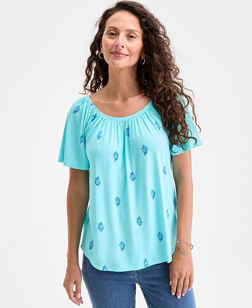 alfani Style & Co Women's Printed Shirred Scoop-Neck Top Exclusively at Macy's Women's Fashion Shoes & Accessories