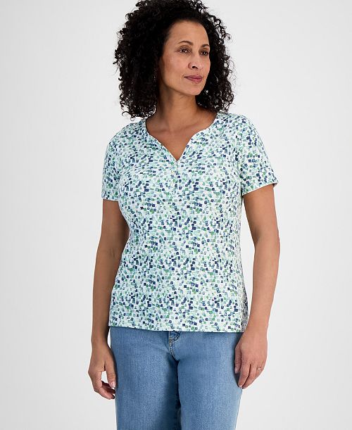 alfani Style & Co Women's Printed Short-Sleeve Henley T-Shirt Exclusively at Macy's Women's Fashion Shoes & Accessories