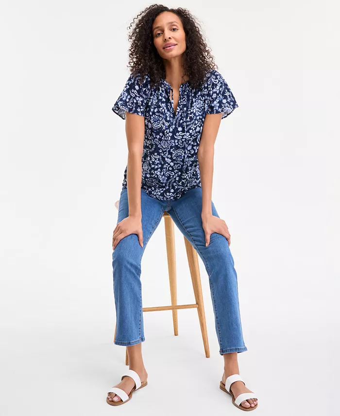 Alfani Style & Co Women's Seersucker Split-Neck Flutter Sleeve Top Created For Macy's Women's Fashion Shoes & Accessories