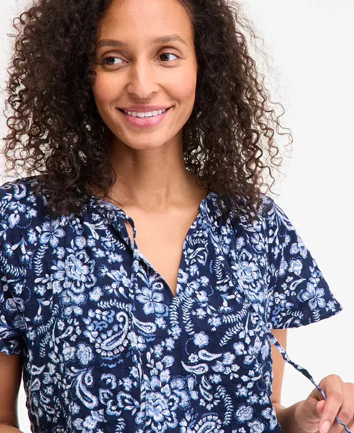 Alfani Style & Co Women's Seersucker Split-Neck Flutter Sleeve Top Created For Macy's Women's Fashion Shoes & Accessories