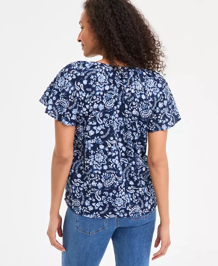 Alfani Style & Co Women's Seersucker Split-Neck Flutter Sleeve Top Created For Macy's Women's Fashion Shoes & Accessories