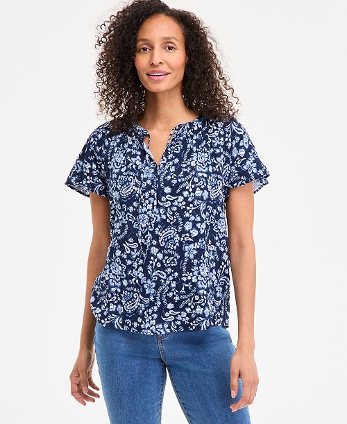 alfani Style & Co Women's Seersucker Split-Neck Flutter Sleeve Top Created for Macy's Women's Fashion Shoes & Accessories