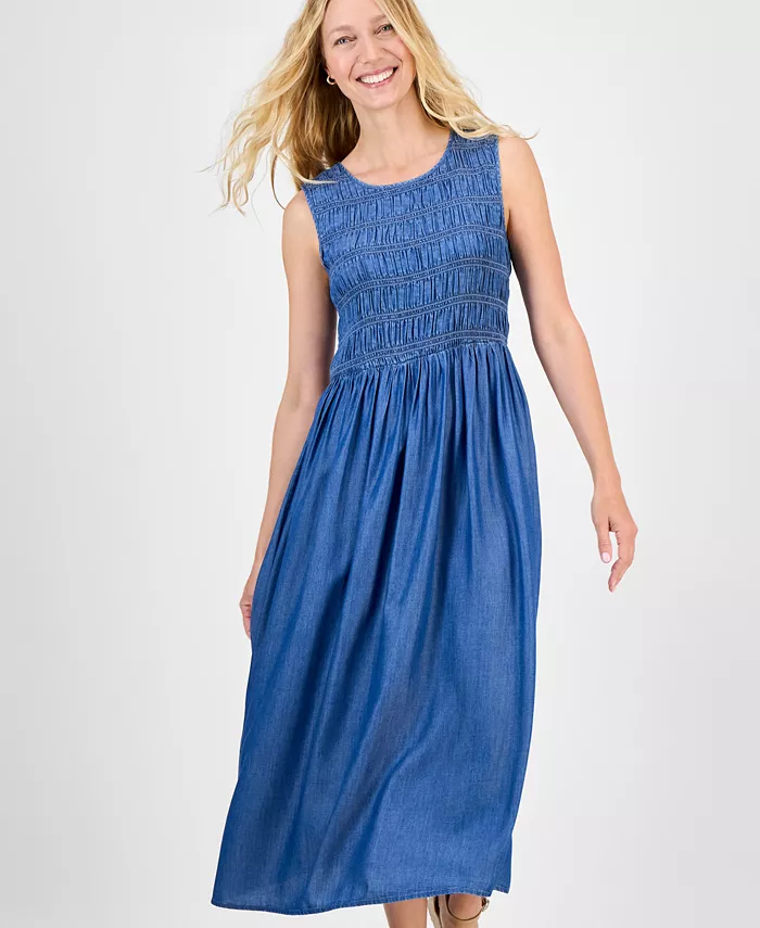 Alfani Style & Co Women's Smocked Chambray Midi Dress Exclusively At Macy's Women's Fashion Shoes & Accessories
