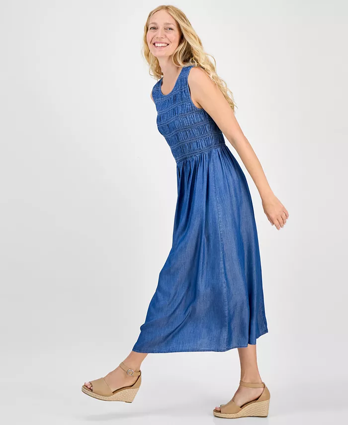 Alfani Style & Co Women's Smocked Chambray Midi Dress Exclusively At Macy's Women's Fashion Shoes & Accessories