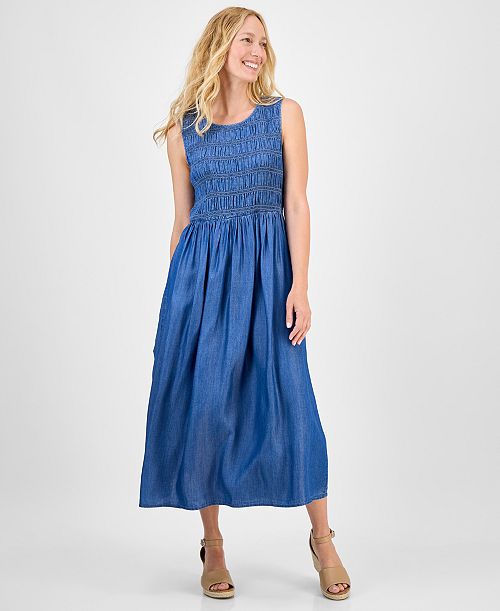 alfani Style & Co Women's Smocked Chambray Midi Dress Exclusively at Macy's Women's Fashion Shoes & Accessories