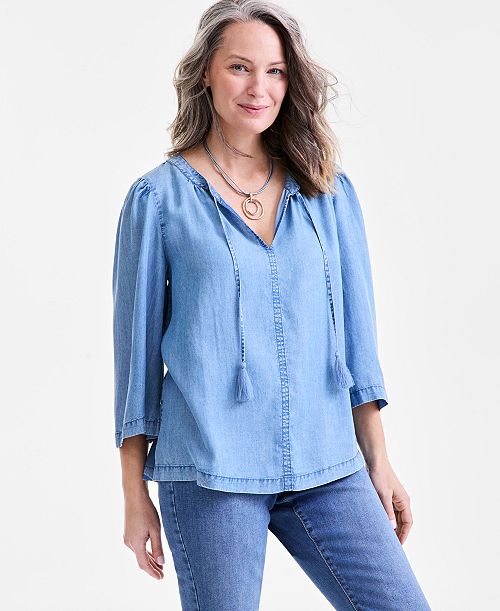 alfani Style & Co Women's Split-Neck 3/4-Sleeve Top Exclusively at Macy's Women's Fashion Shoes & Accessories