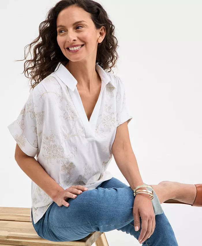 Alfani Style & Co Women's Split-Neck Collared Embroidered Top Exclusively At Macy's Women's Fashion Shoes & Accessories