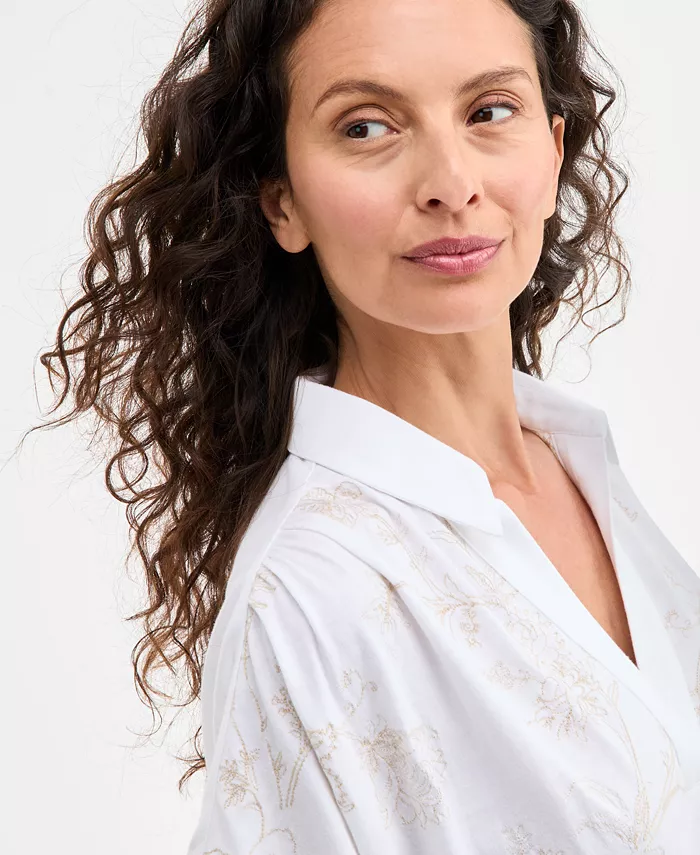 Alfani Style & Co Women's Split-Neck Collared Embroidered Top Exclusively At Macy's Women's Fashion Shoes & Accessories