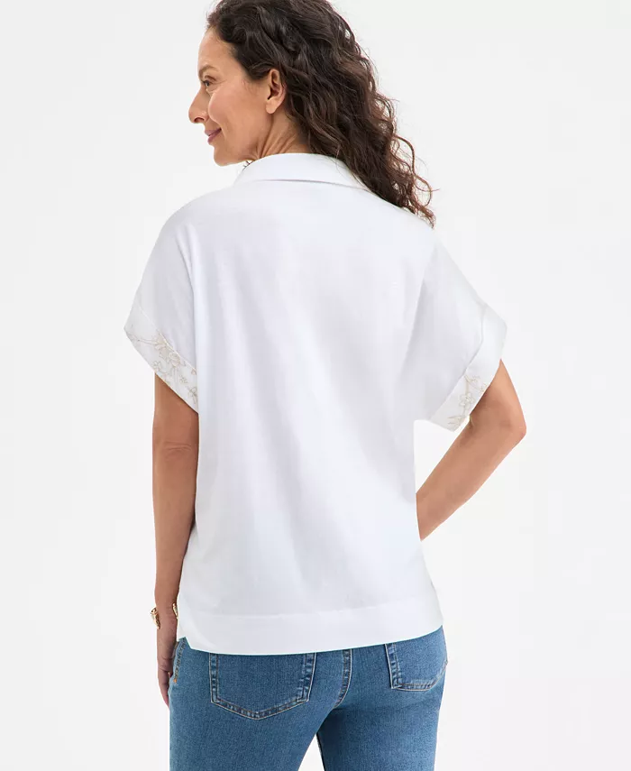 Alfani Style & Co Women's Split-Neck Collared Embroidered Top Exclusively At Macy's Women's Fashion Shoes & Accessories