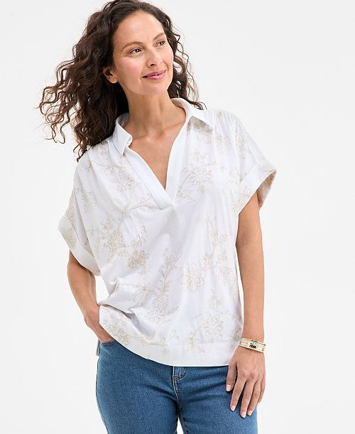 alfani Style & Co Women's Split-Neck Collared Embroidered Top Exclusively at Macy's Women's Fashion Shoes & Accessories