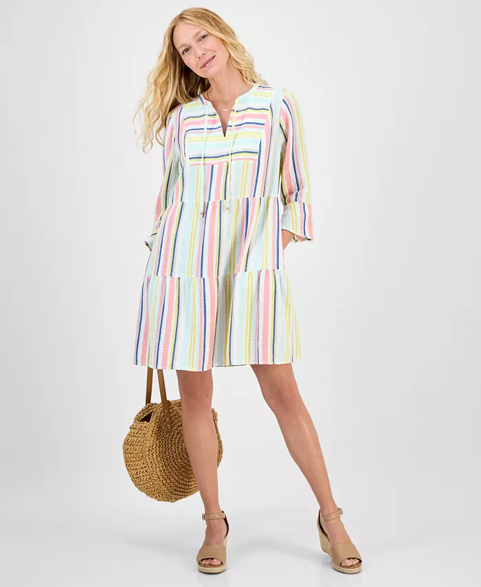Alfani Style & Co Women's Striped Cotton Gauze Tiered Dress Exclusively At Macy's Women's Fashion Shoes & Accessories
