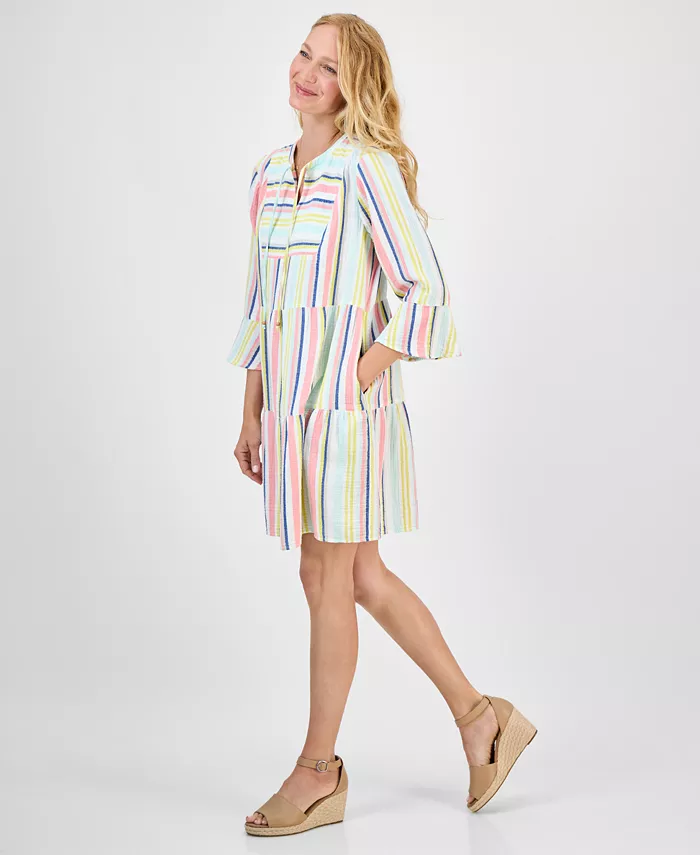 Alfani Style & Co Women's Striped Cotton Gauze Tiered Dress Exclusively At Macy's Women's Fashion Shoes & Accessories