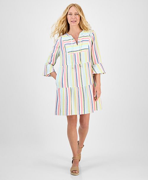 alfani Style & Co Women's Striped Cotton Gauze Tiered Dress Exclusively at Macy's Women's Fashion Shoes & Accessories