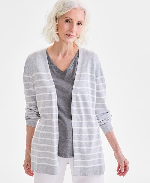 alfani Style & Co Women's Striped Open-Front Long-Sleeve Cardigan Exclusively at Macy's Women's Fashion Shoes & Accessories