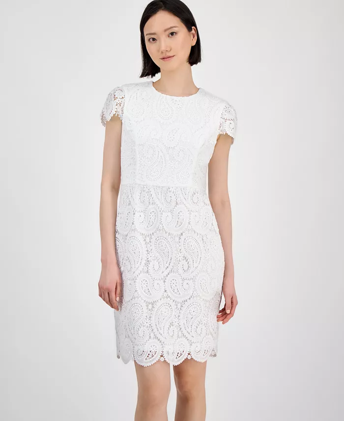 Alfani Tahari Women's Short-Sleeve Lace-Detail Sheath Dress Women's Fashion Shoes & Accessories