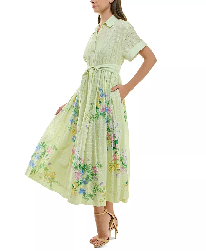 Alfani Taylor Women's Eyelet-Embroidered Belted Cotton Shirt Dress Women's Fashion Shoes & Accessories