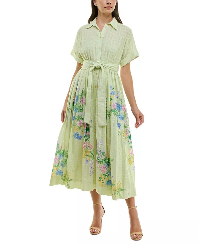 Alfani Taylor Women's Eyelet-Embroidered Belted Cotton Shirt Dress Women's Fashion Shoes & Accessories