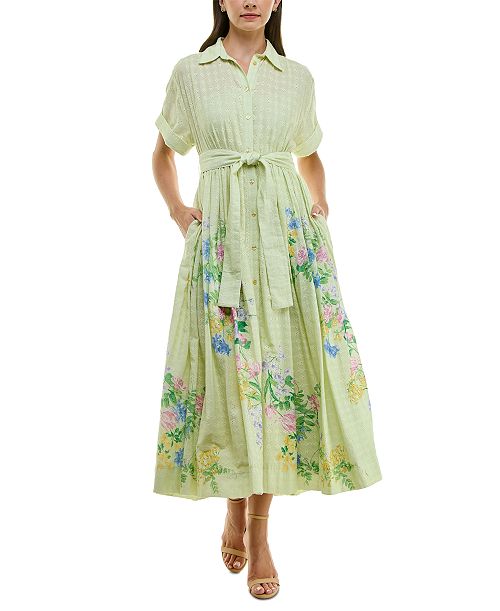 alfani Taylor Women's Eyelet-Embroidered Belted Cotton Shirt Dress Women's Fashion Shoes & Accessories