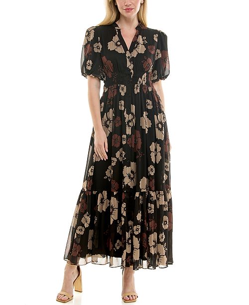alfani Taylor Women's Printed Puff Sleeve Fit & Flare Dress Women's Fashion Shoes & Accessories
