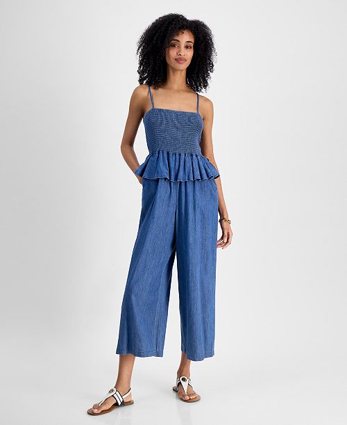 alfani Tommy Hilfiger Women's Chambray Peplum Jumpsuit Women's Fashion Shoes & Accessories