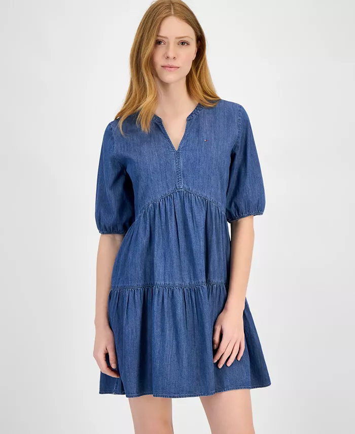 Alfani Tommy Hilfiger Women's Chambray V-Neck Tiered Dress Women's Fashion Shoes & Accessories