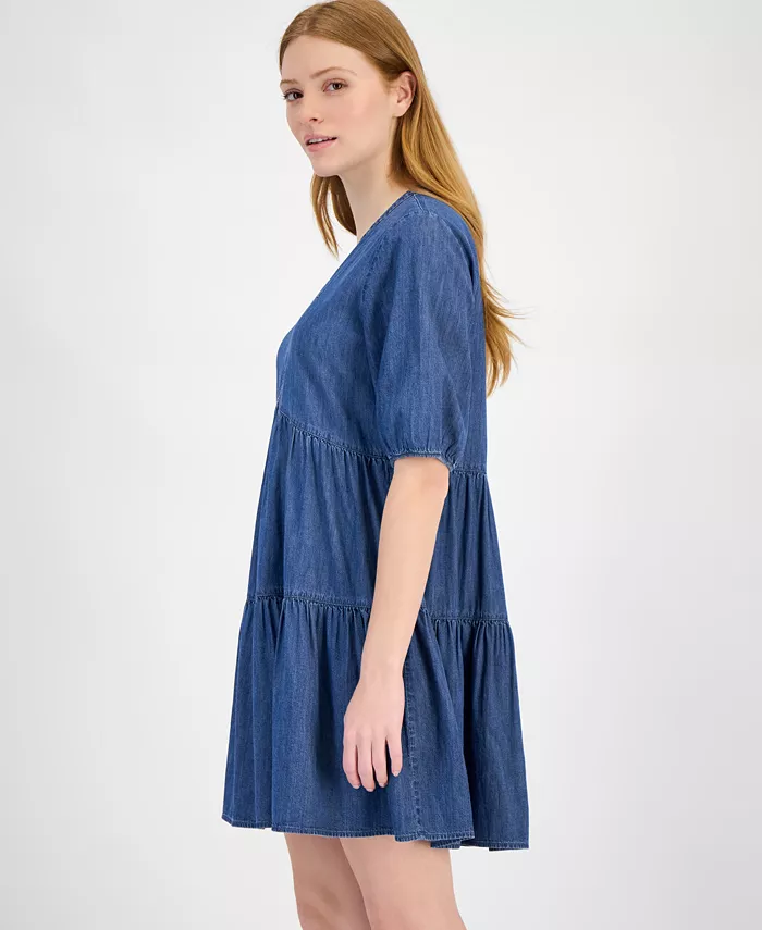 Alfani Tommy Hilfiger Women's Chambray V-Neck Tiered Dress Women's Fashion Shoes & Accessories
