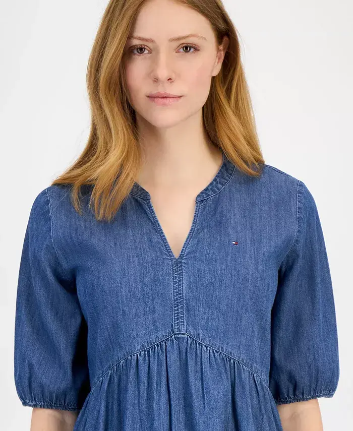 Alfani Tommy Hilfiger Women's Chambray V-Neck Tiered Dress Women's Fashion Shoes & Accessories