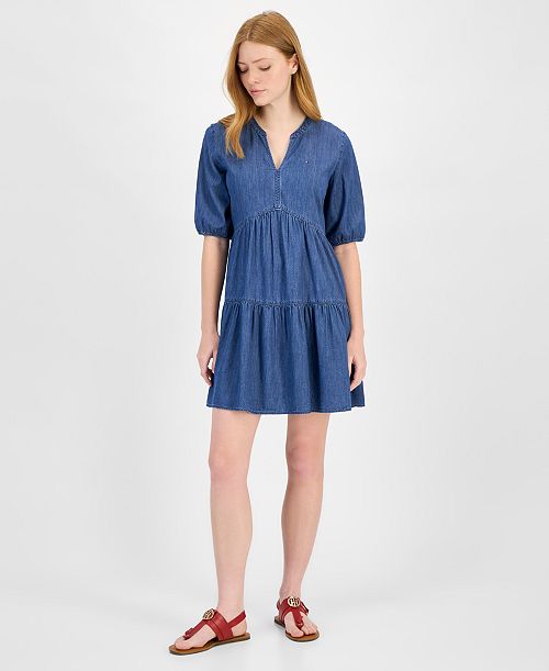 alfani Tommy Hilfiger Women's Chambray V-Neck Tiered Dress Women's Fashion Shoes & Accessories