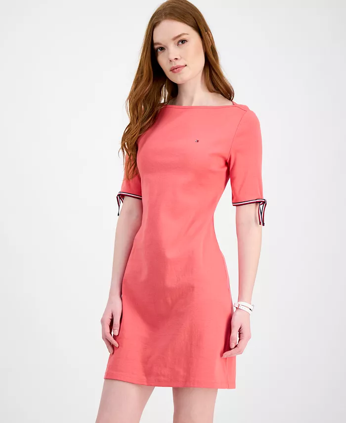 Alfani Tommy Hilfiger Women's Cotton Boat-Neck Tie-Sleeve Dress Women's Fashion Shoes & Accessories