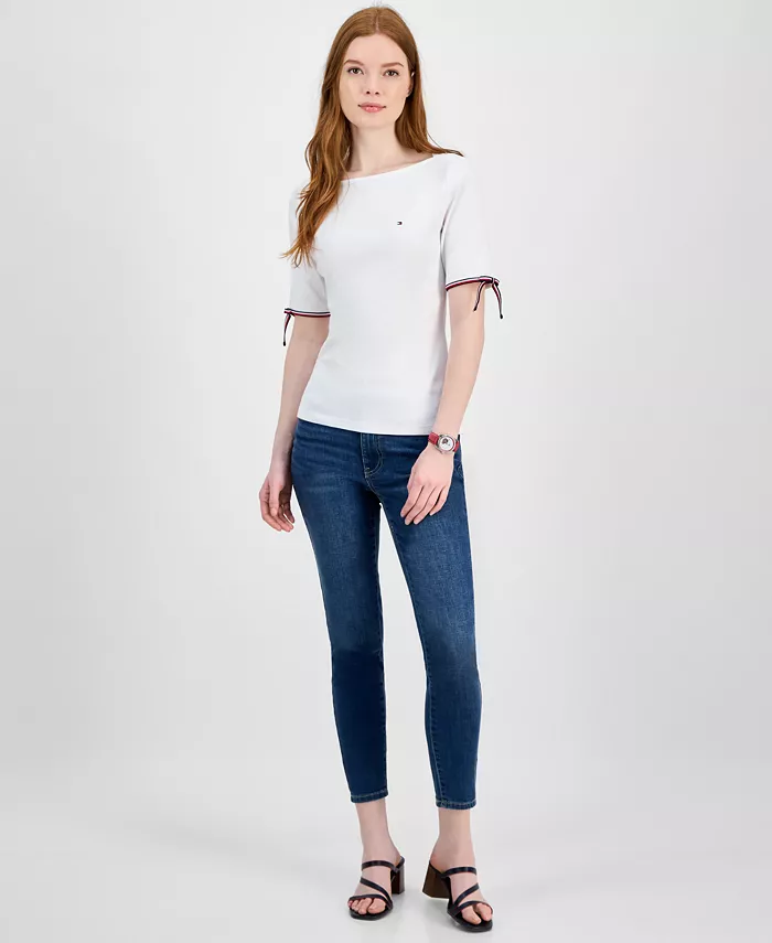 Alfani Tommy Hilfiger Women's Cotton Boat-Neck Tie-Sleeve T-Shirt Women's Fashion Shoes & Accessories