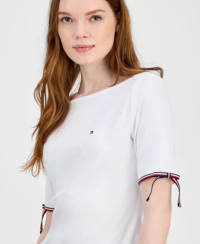 Alfani Tommy Hilfiger Women's Cotton Boat-Neck Tie-Sleeve T-Shirt Women's Fashion Shoes & Accessories