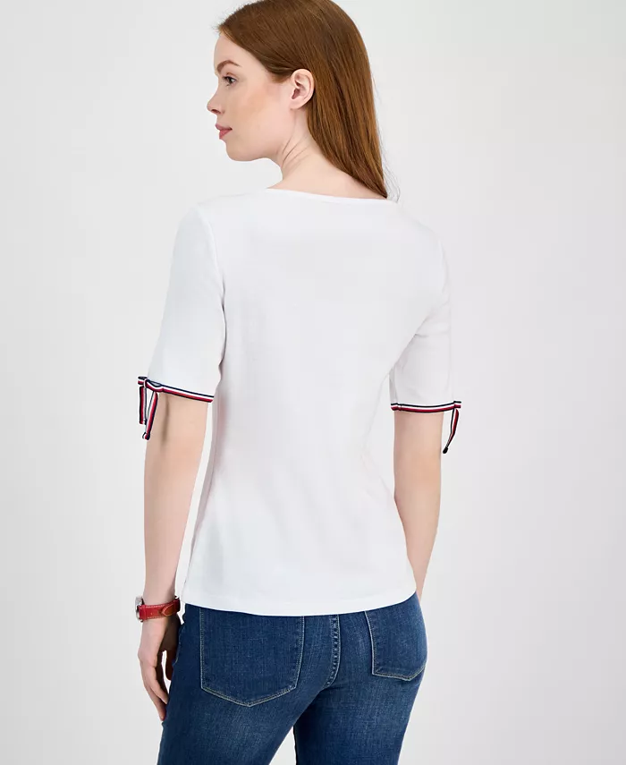 Alfani Tommy Hilfiger Women's Cotton Boat-Neck Tie-Sleeve T-Shirt Women's Fashion Shoes & Accessories