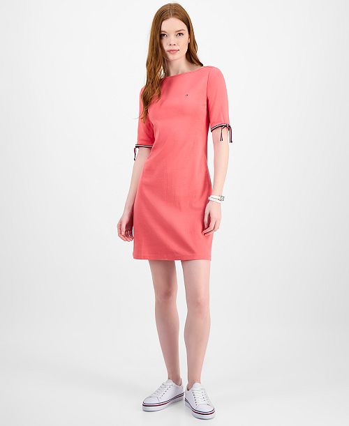 alfani Tommy Hilfiger Women's Cotton Boat-Neck Tie-Sleeve Dress Women's Fashion Shoes & Accessories