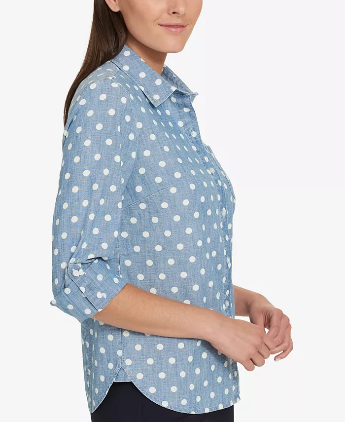 Alfani Tommy Hilfiger Women's Cotton Printed Roll-Tab Utility Shirt Women's Fashion Shoes & Accessories