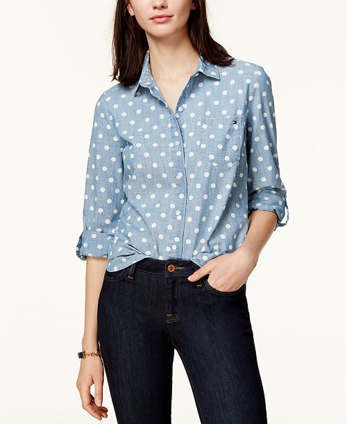 alfani Tommy Hilfiger Women's Cotton Printed Roll-Tab Utility Shirt Women's Fashion Shoes & Accessories