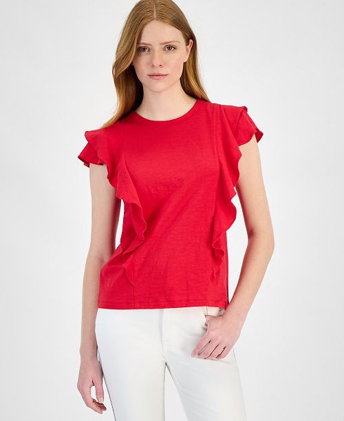 alfani Tommy Hilfiger Women's Cotton Ruffled-Front T-Shirt Women's Fashion Shoes & Accessories