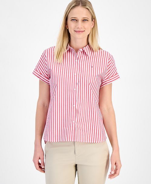alfani Tommy Hilfiger Women's Cotton Striped Cuffed-Sleeve Shirt Women's Fashion Shoes & Accessories