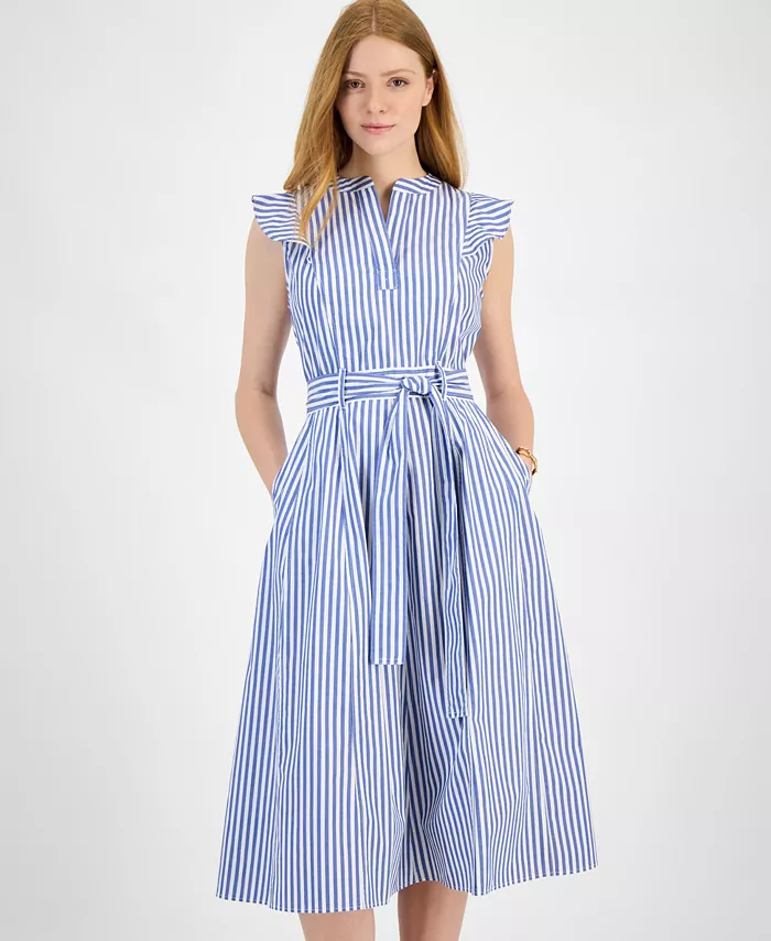 Alfani Tommy Hilfiger Women's Cotton Striped Ruffled Midi Dress Women's Fashion Shoes & Accessories