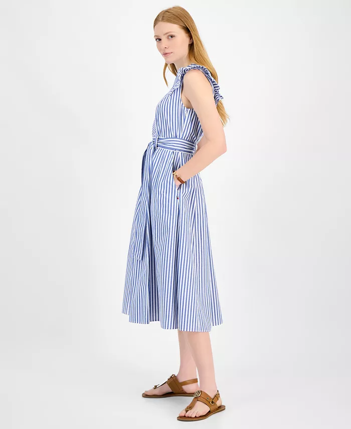 Alfani Tommy Hilfiger Women's Cotton Striped Ruffled Midi Dress Women's Fashion Shoes & Accessories