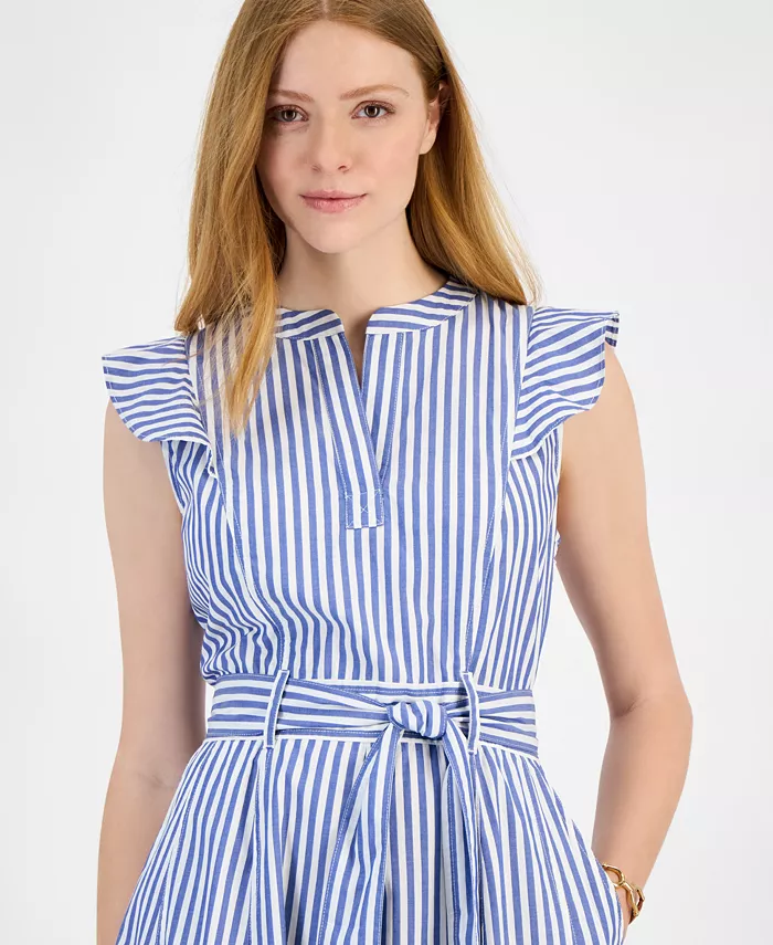 Alfani Tommy Hilfiger Women's Cotton Striped Ruffled Midi Dress Women's Fashion Shoes & Accessories