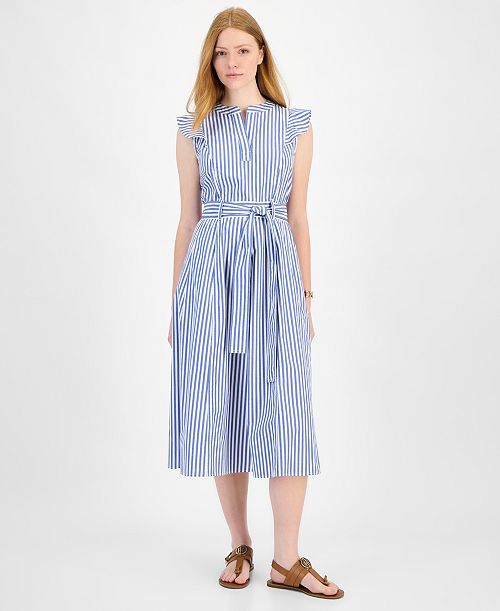 alfani Tommy Hilfiger Women's Cotton Striped Ruffled Midi Dress Women's Fashion Shoes & Accessories