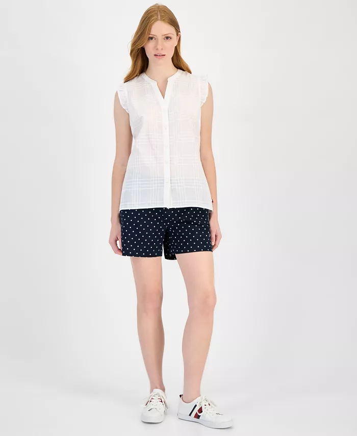 Alfani Tommy Hilfiger Women's Cotton Tonal-Plaid Ruffled-Sleeve Shirt Women's Fashion Shoes & Accessories
