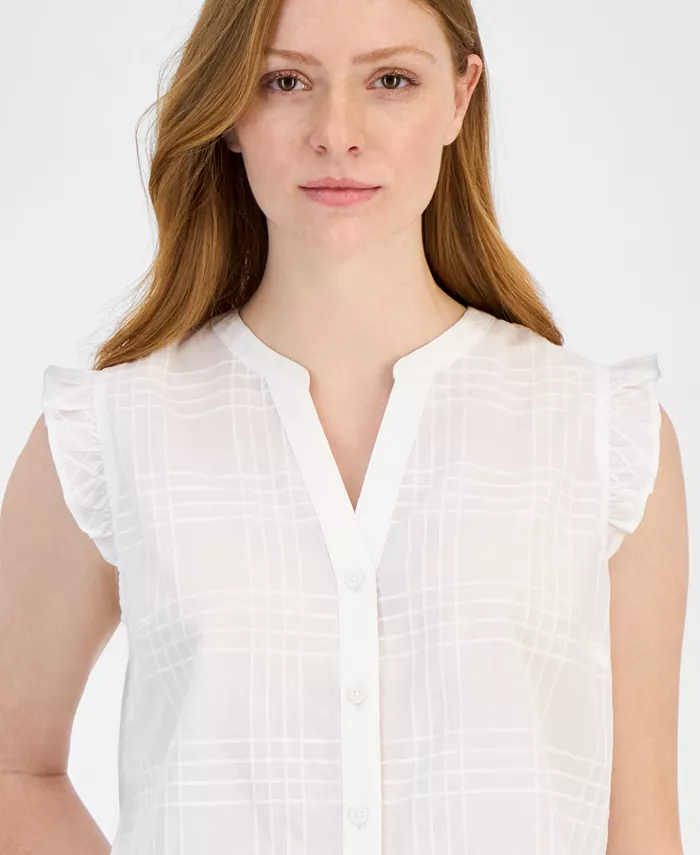 Alfani Tommy Hilfiger Women's Cotton Tonal-Plaid Ruffled-Sleeve Shirt Women's Fashion Shoes & Accessories