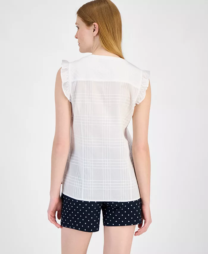 Alfani Tommy Hilfiger Women's Cotton Tonal-Plaid Ruffled-Sleeve Shirt Women's Fashion Shoes & Accessories