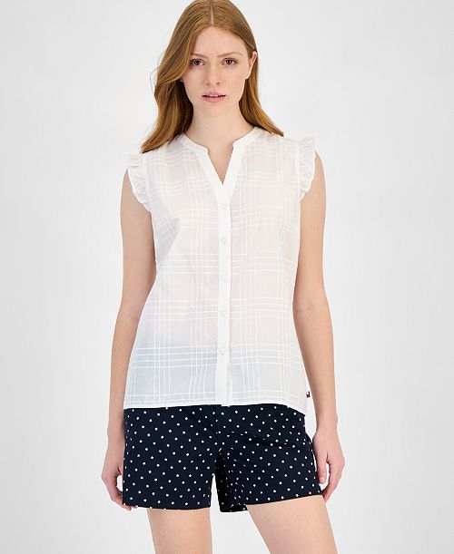 alfani Tommy Hilfiger Women's Cotton Tonal-Plaid Ruffled-Sleeve Shirt Women's Fashion Shoes & Accessories
