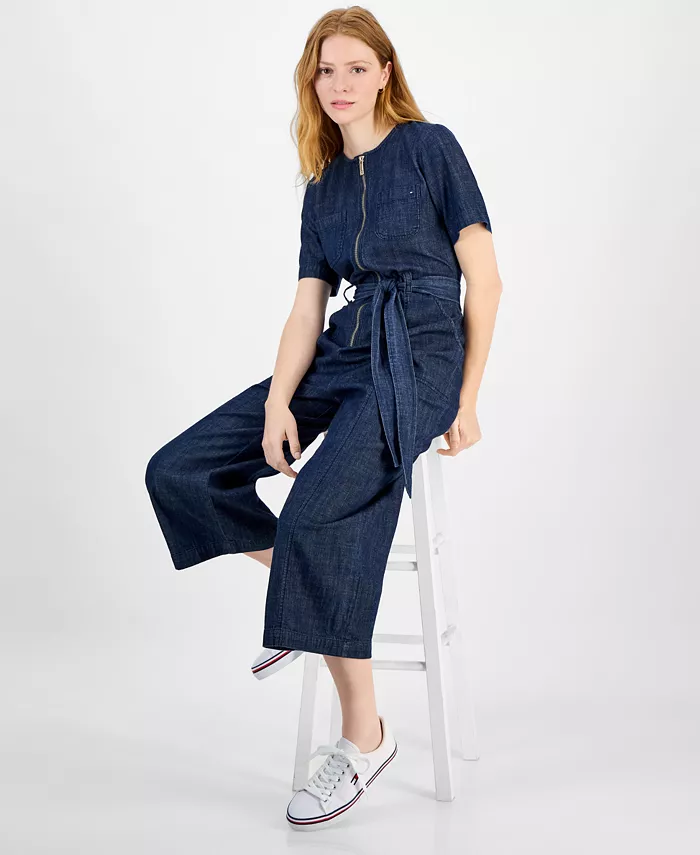 Alfani Tommy Hilfiger Women's Denim Zip-Front Belted Jumpsuit Women's Fashion Shoes & Accessories