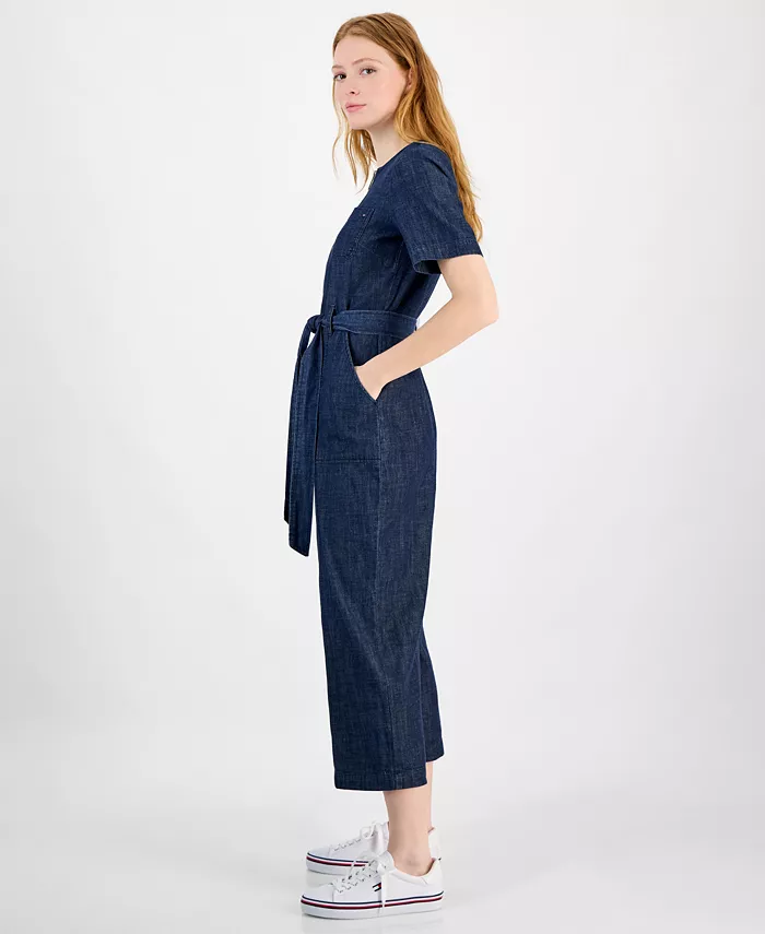 Alfani Tommy Hilfiger Women's Denim Zip-Front Belted Jumpsuit Women's Fashion Shoes & Accessories