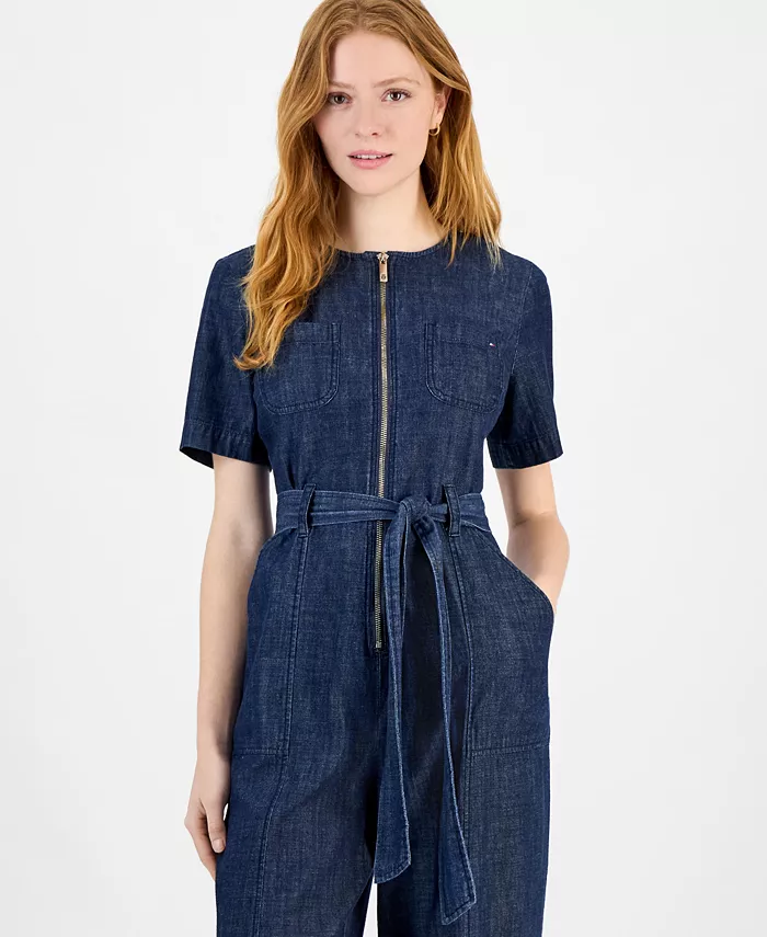 Alfani Tommy Hilfiger Women's Denim Zip-Front Belted Jumpsuit Women's Fashion Shoes & Accessories